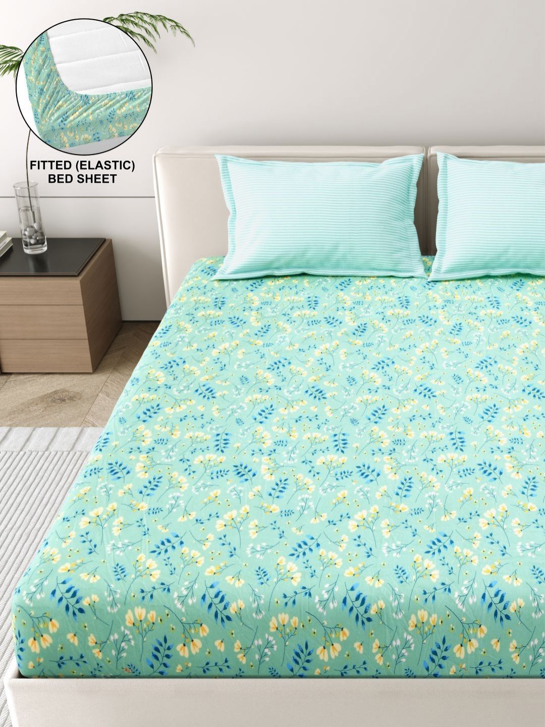 DREAM WEAVERZ Green & Blue Floral 260 TC King Bedsheet with 2 Pillow Covers-image-30