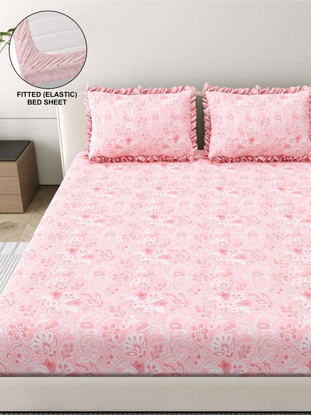 DREAM WEAVERZ Pink Floral 260 TC King Bedsheet with 2 Pillow Covers-image-1