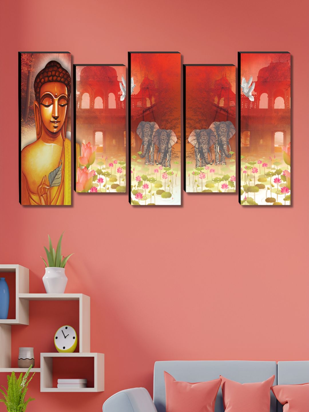 SAF Yellow & Orange 5 Pieces Wood Buddha Religious Wall Art-picture-15