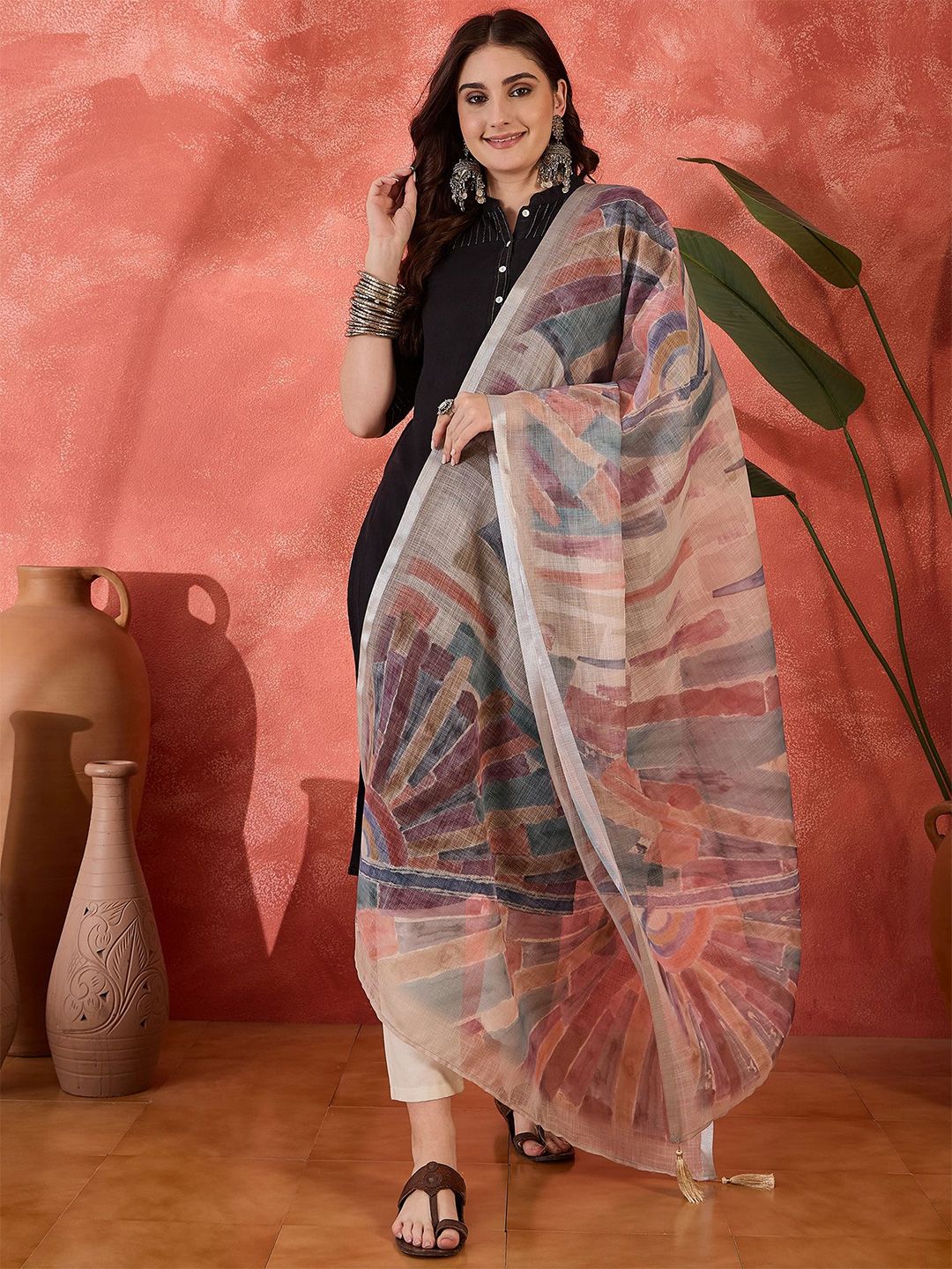 Sangria Abstract Woven Design Linen Dupatta-picture-33
