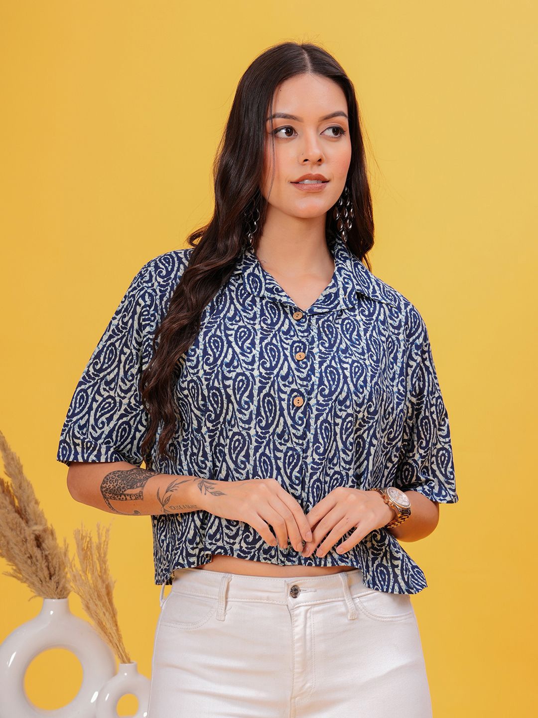 Zenava by Myntra Women Print Ethnic Cotton Shirt Style Crop Top-image-46