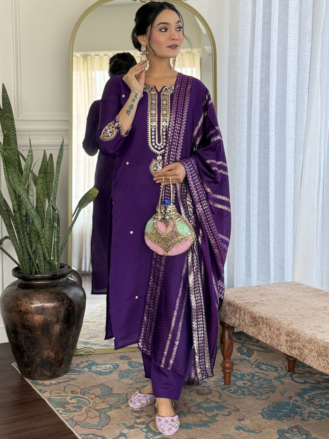 Siya Fashion Floral Embroidered Notch Neck Straight Kurta With Trouser & Dupatta-picture-16