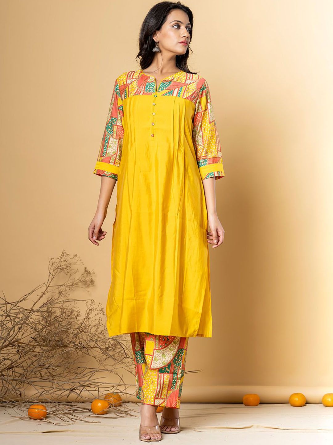 Readiprint Floral Yoke Design Pleated Notch Neck Pure Silk Straight Kurta With Palazzos