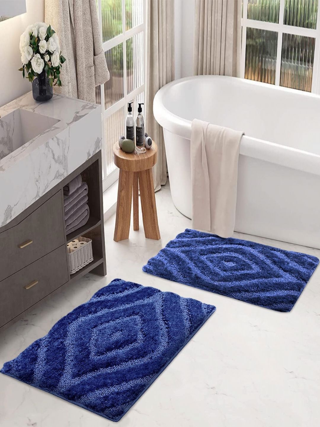 LUXEHOME INTERNATIONAL Scotland Diamond Blue 2 Pieces Textured Anti Skid Bath Rugs-picture-37