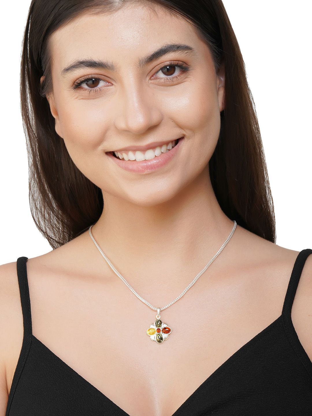 Asteri Shine On Sterling Silver Multicolor European Baltic Amber Clover Leaf Pendant-image-28