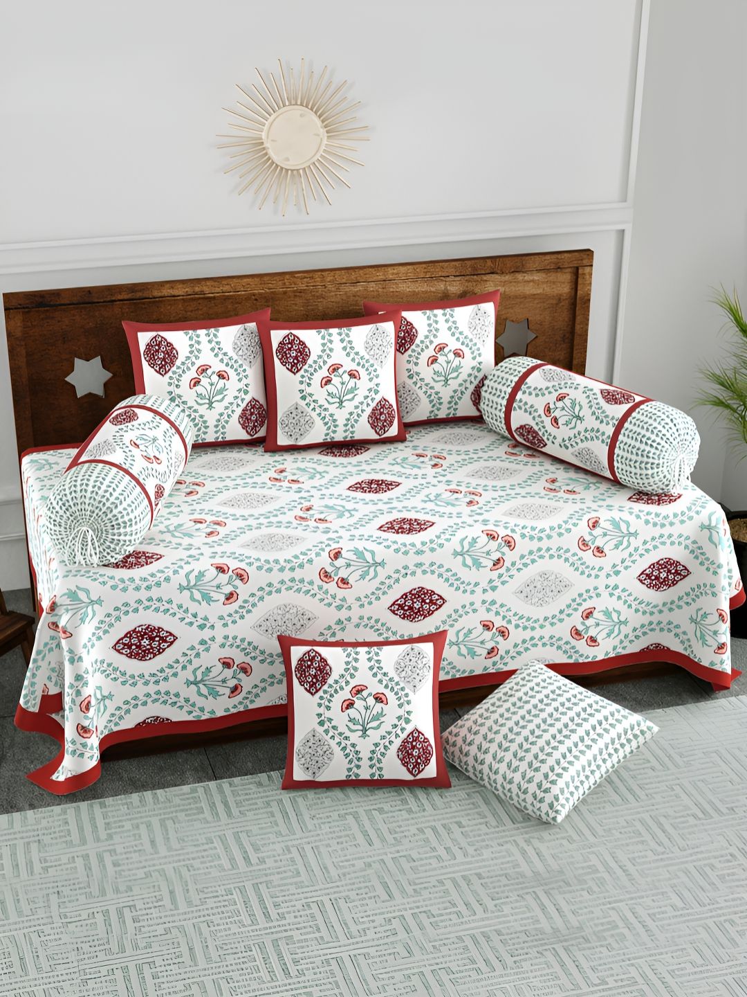 BLOCKS OF INDIA White & Green 8 Pieces Ethnic Motifs Printed Pure Cotton Diwan Set