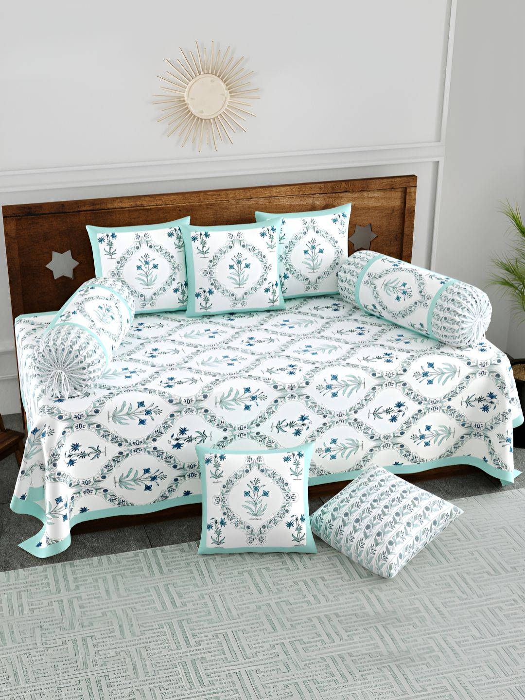 BLOCKS OF INDIA 8 Pcs White & Turquoise Blue Ethnic Motif Printed Pure Cotton Diwan Set-picture-50