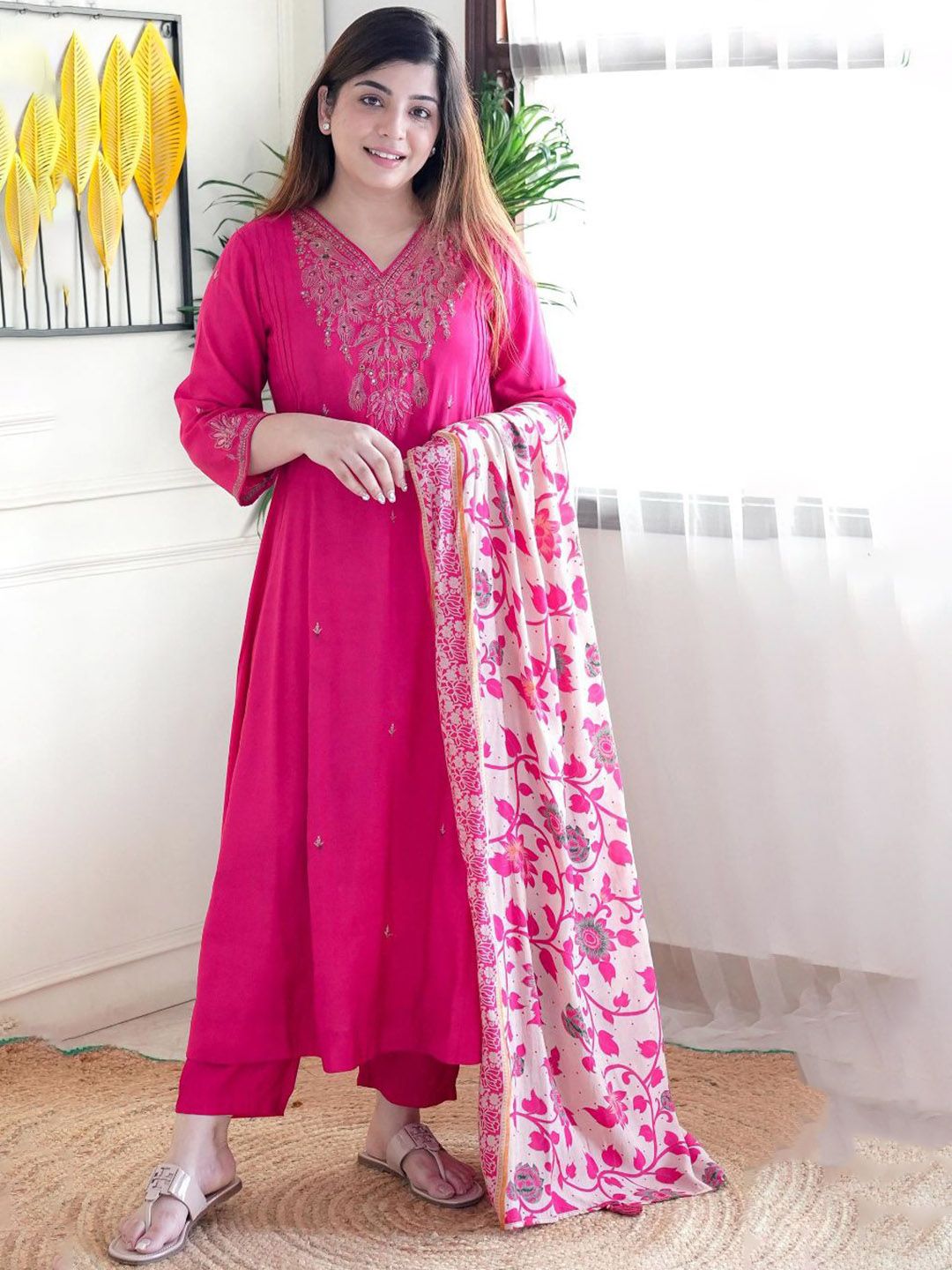 KALINI Floral Embroidered Sequinned V-Neck A-Line Kurta With Trousers & Dupatta-picture-28