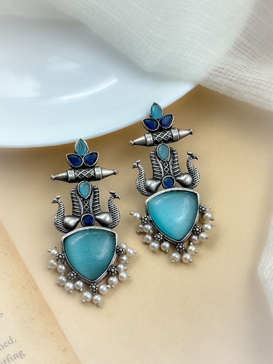 NAMAN ARTS Silver-Plated Stones Studded & Beaded Peacock Shaped Monalisa Drop Earrings-picture-22