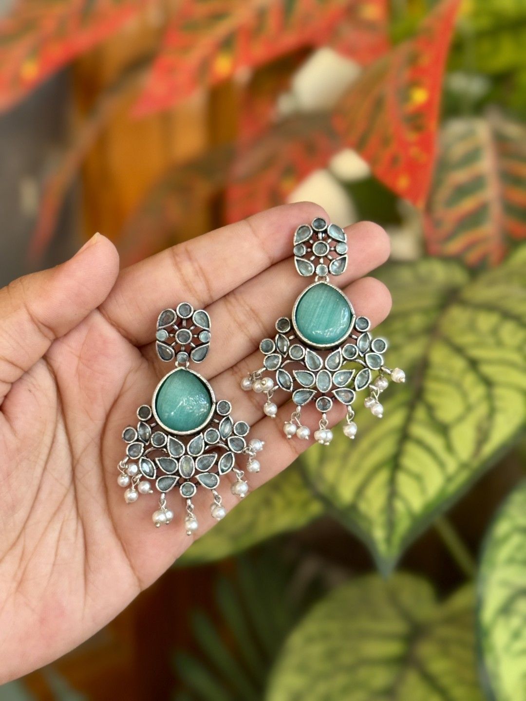 NAMAN ARTS Silver-Plated Stones Studded & Beaded Contemporary Drop Earrings-picture-20