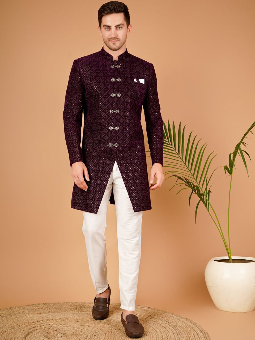 Dulha Ghar Men Embroidered Mandarin Collar Sherwani Set