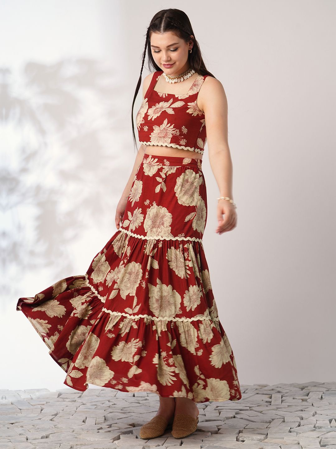 Globus Floral Printed Square Neck Crop Top With Tiered Maxi Skirt Co-Ord Set-picture-35