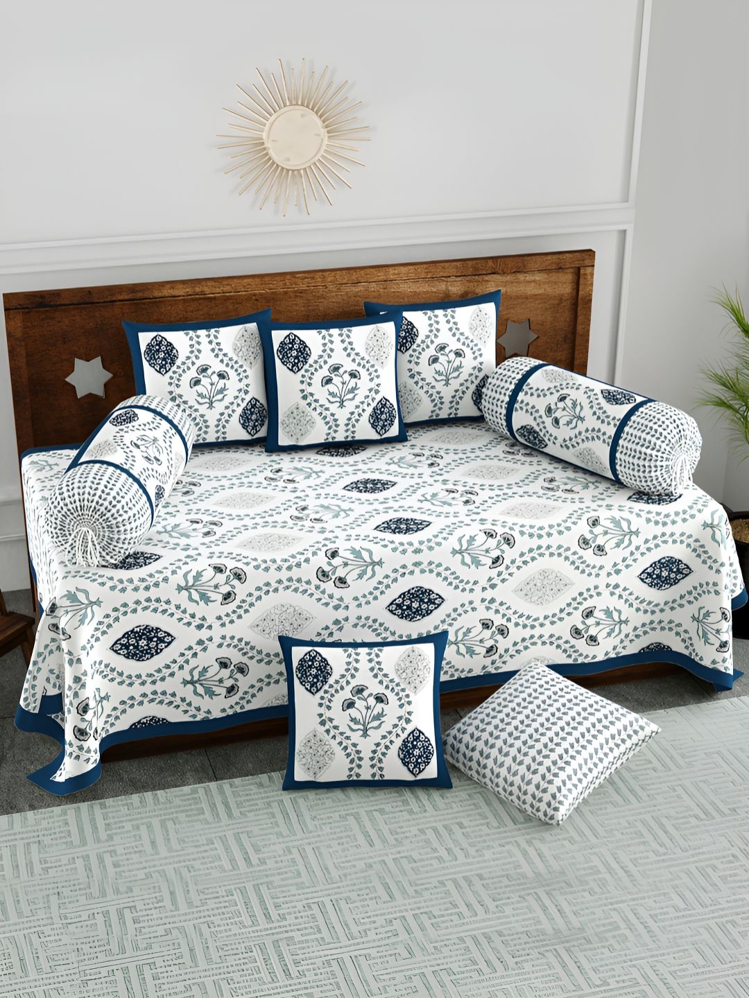 BLOCKS OF INDIA White & Blue 8 Pieces Ethnic Motif Printed Pure Cotton Diwan Set