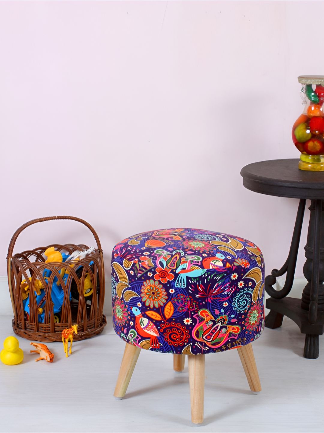 Shadowkart Blue & Red Printed Round Wooden Pouffes Ottoman-image-31