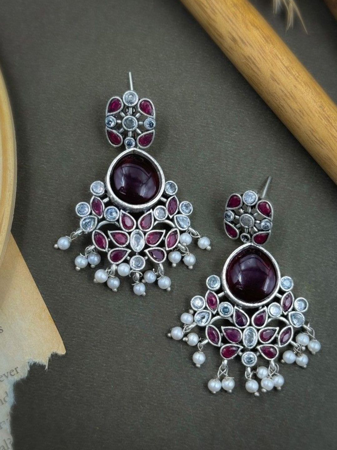 NAMAN ARTS Silver-Plated Artificial Stones Studded Contemporary Oxidised Drop Earrings-picture-16