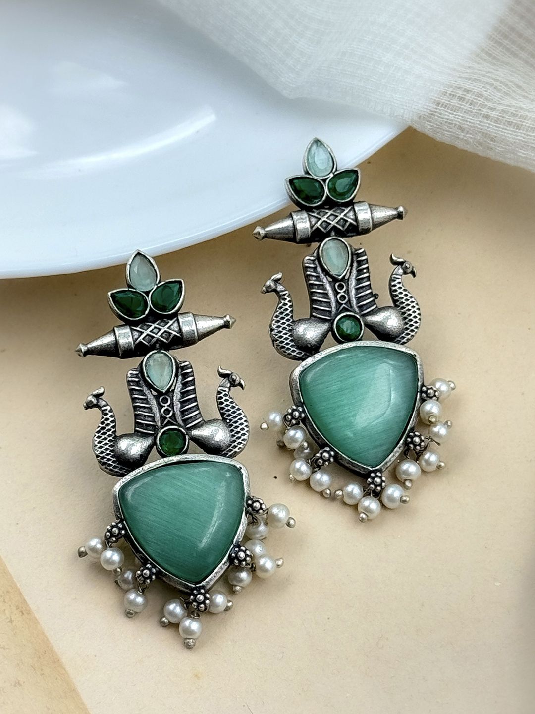 NAMAN ARTS Silver-Plated Artificial Stones Studded Contemporary Oxidised Drop Earrings-picture-41