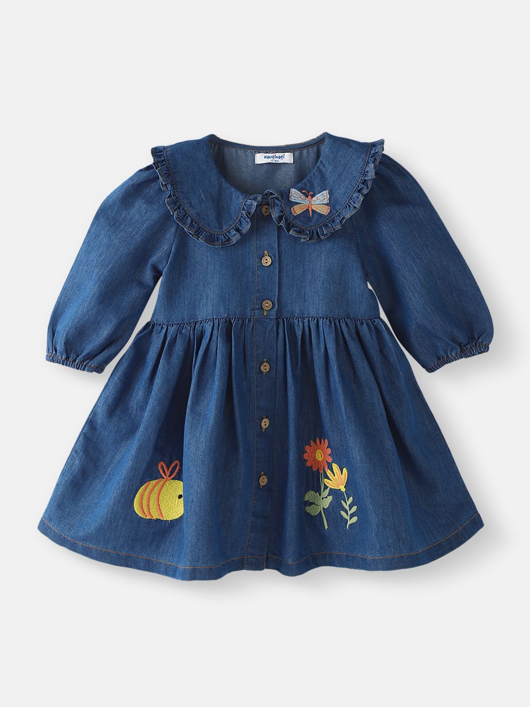 Nauti Nati Floral Embroidered Peter Pan Collar Puff Sleeve Denim A-Line Dress-picture-18