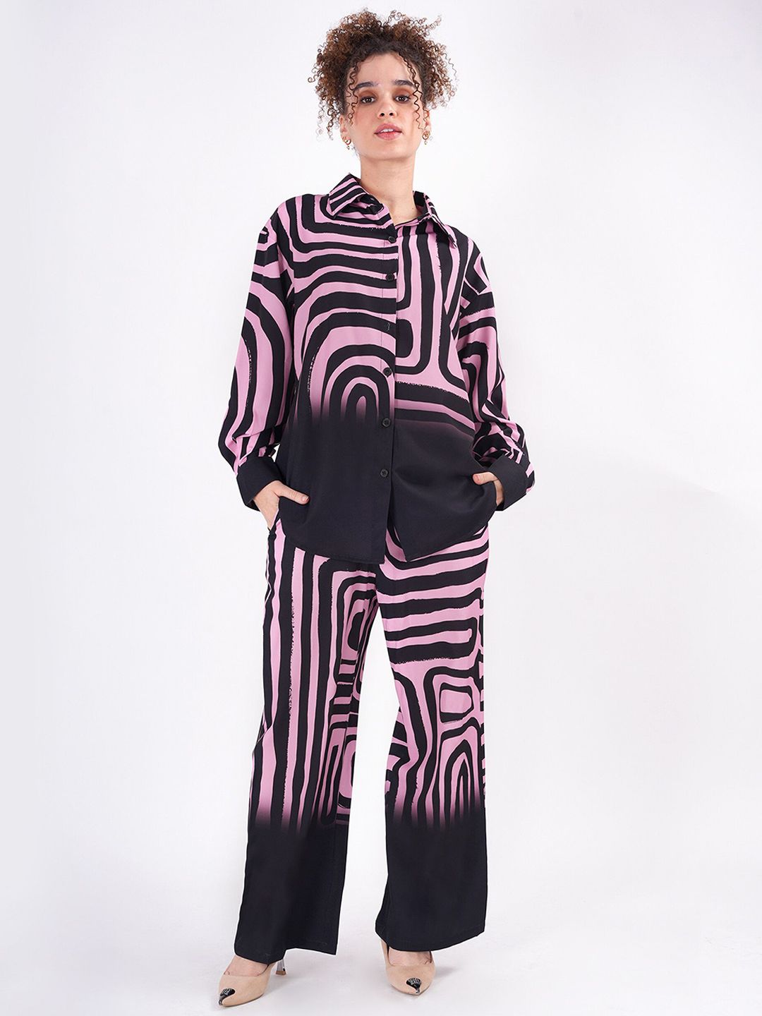 clobug Geometric Printed Long Sleeves Shirt With Palazzo