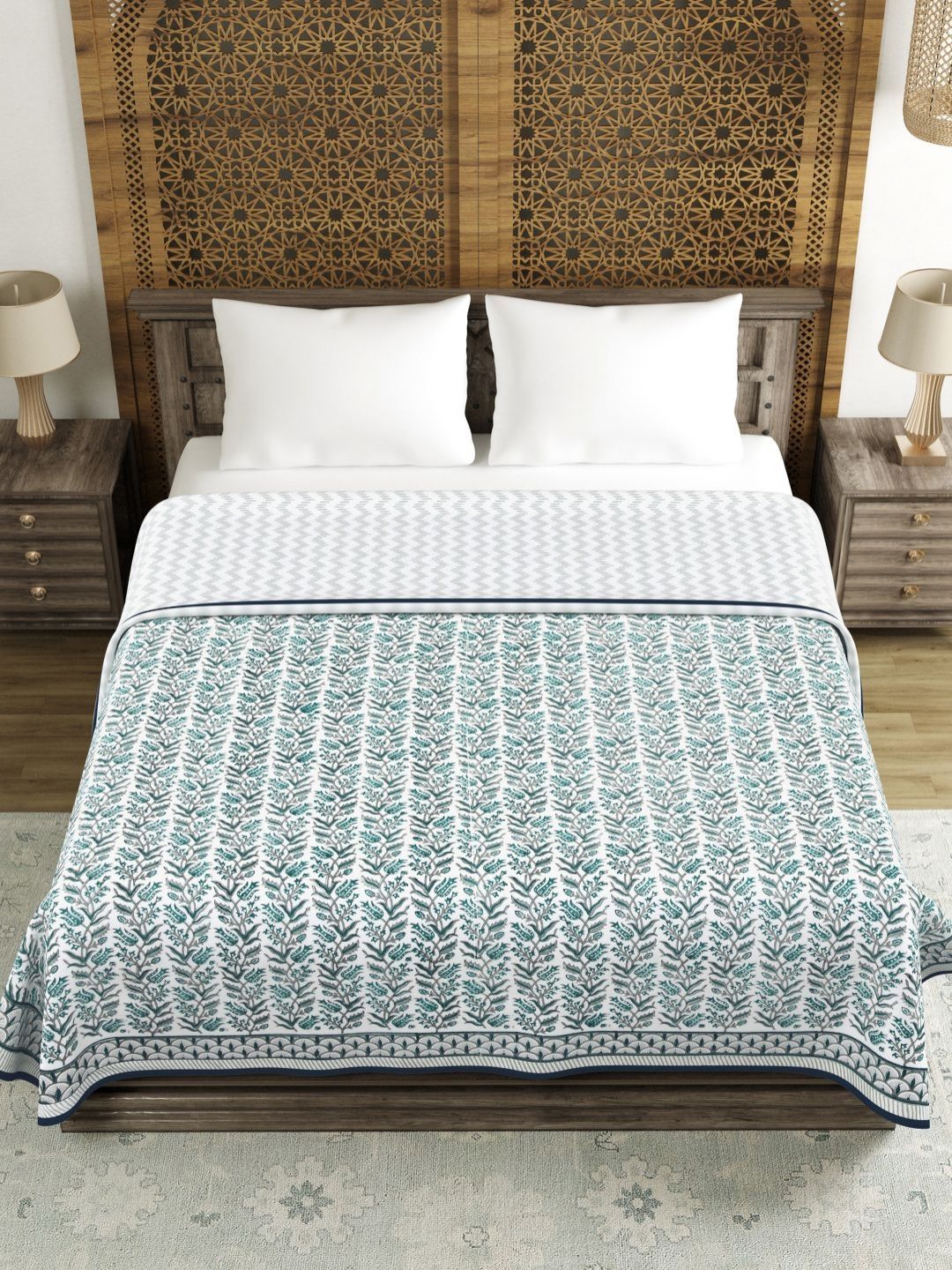 BLOCKS OF INDIA Green & White Motifs Printed AC Room 150 GSM Reversible Double Bed Dohar-picture-27