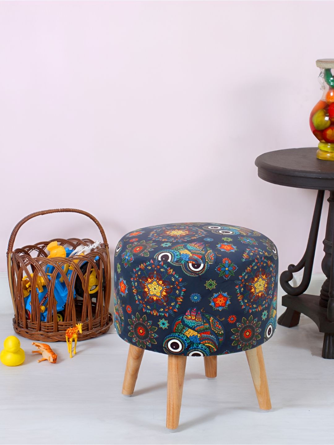 Shadowkart Blue & Red Ethnic Motifs Printed Wooden & Velvet Pouffes Ottoman-picture-36