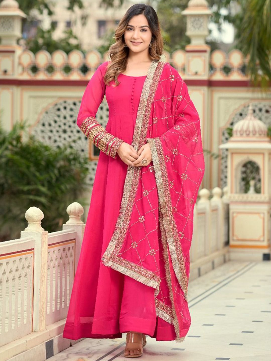 FILIB LONDON Solid Georgette Anarkali Kurta With Trousers And Dupatta