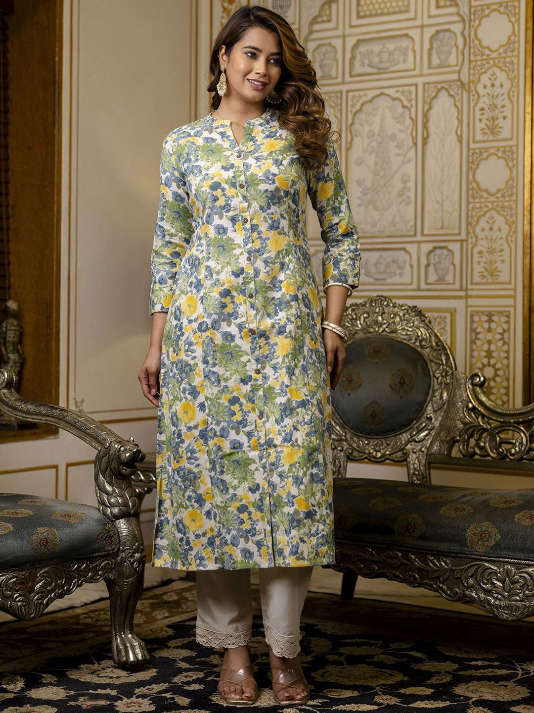 Pistaa Floral Printed High Slit Mandarin Collar Pure Cotton A-Line Kurta With Trousers