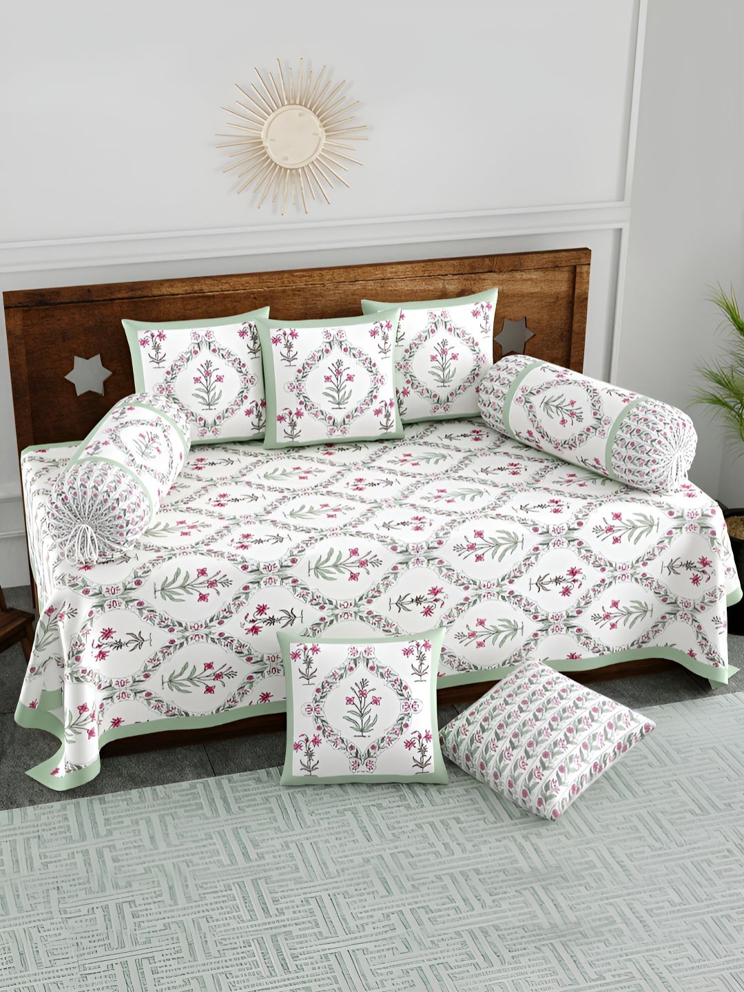 BLOCKS OF INDIA White & Green 8 Pieces Ethnic Motif Printed Pure Cotton Diwan Set