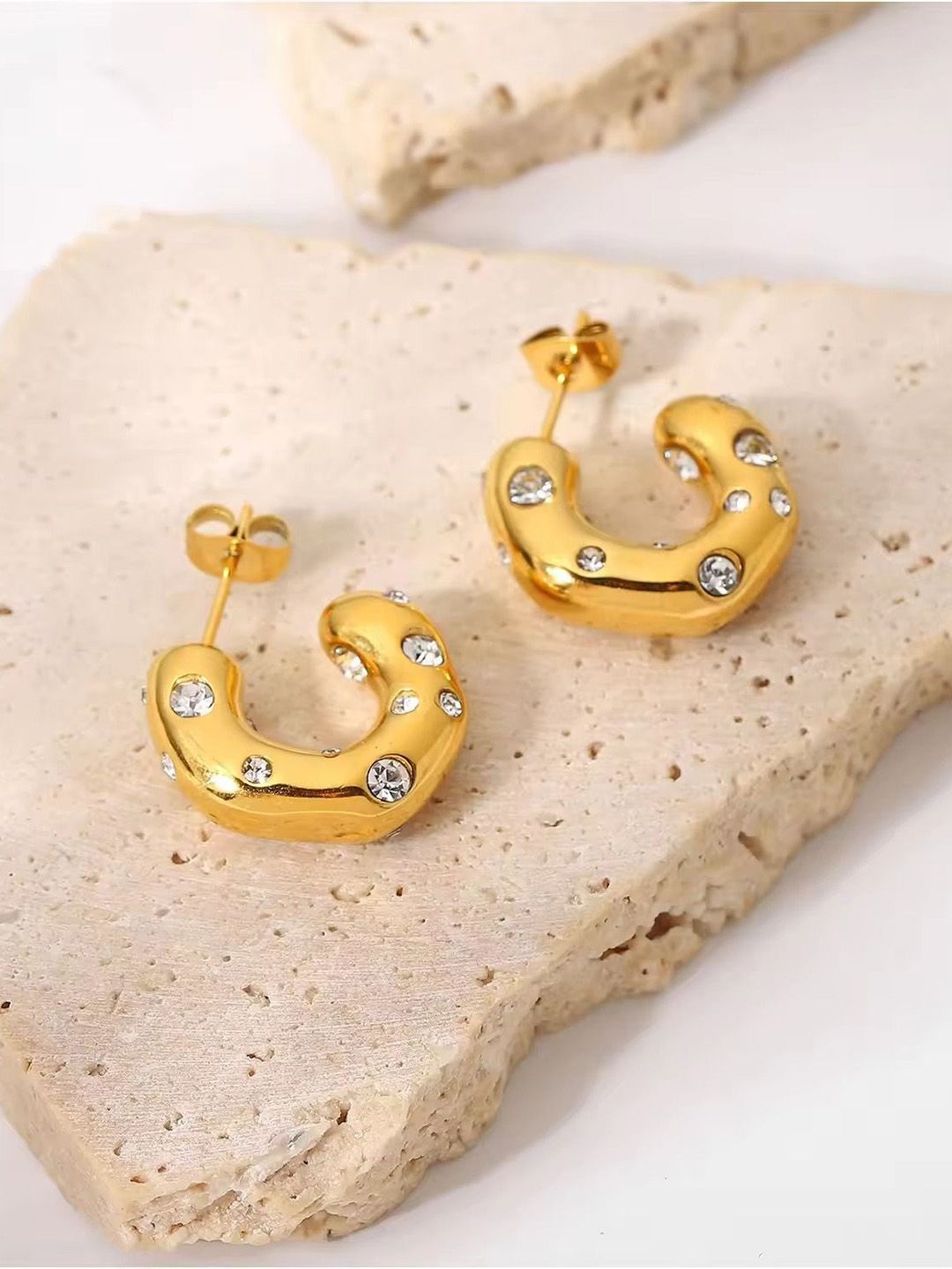 DressBerry Stainless Steel Gold-Plated American Diamond Circular Chunky Half Hoop Earrings-image-7