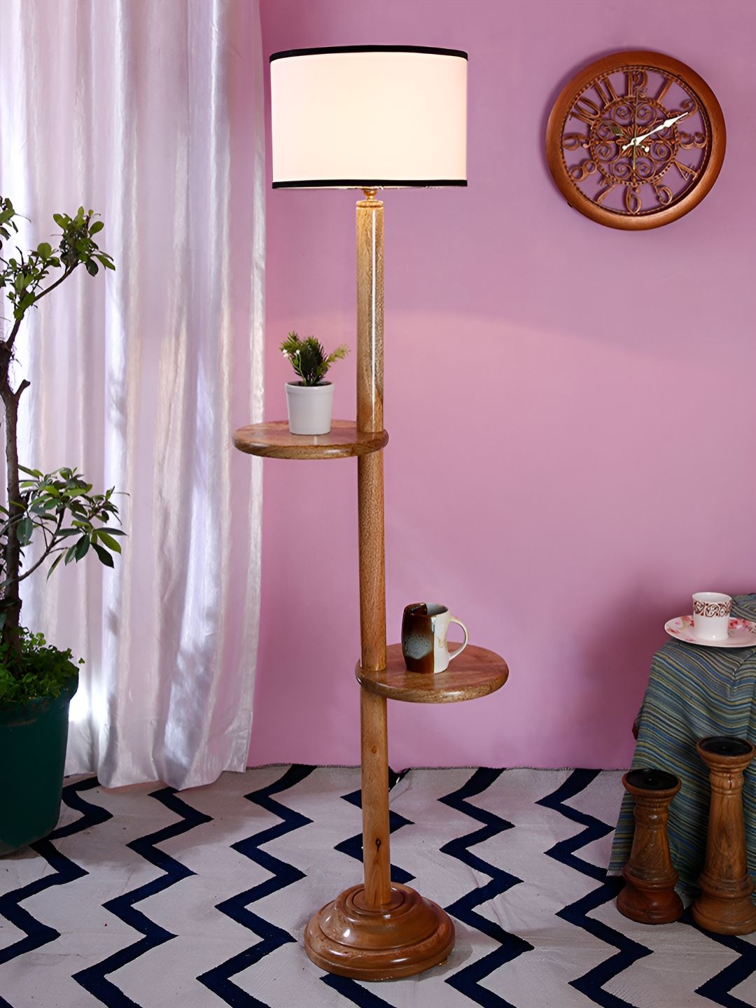 Devansh White & Brown Drum Wooden Shelf Floor Lamp-picture-49