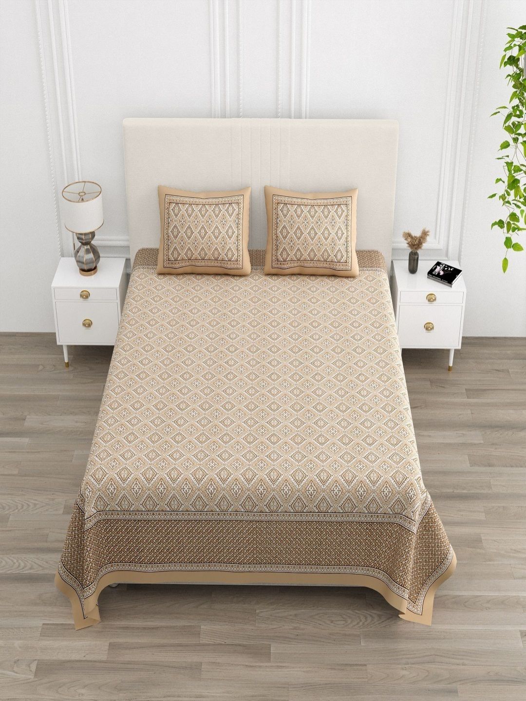tundwal's White & Brown Floral Printed Cotton 210 TC King Bedsheet Set 2.28 m x 2.74 m-picture-11