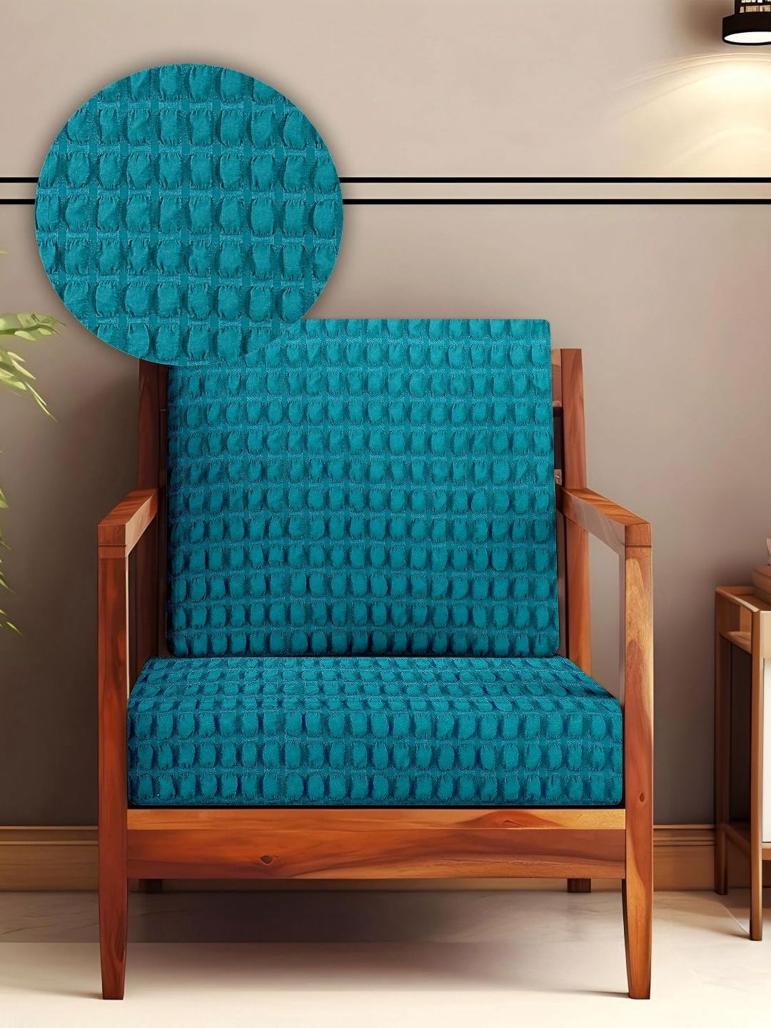 Cortina Teal-Blue Self Design Bubble Stretchable Sofa Slipcover-picture-24