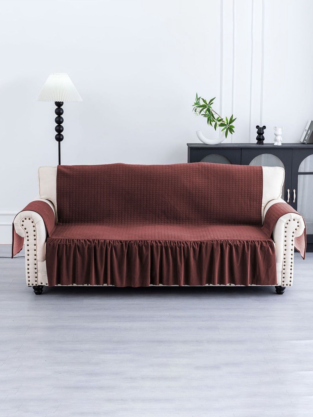 Aura Maroon Solid Velvet 1 Piece Sofa Cover-picture-37