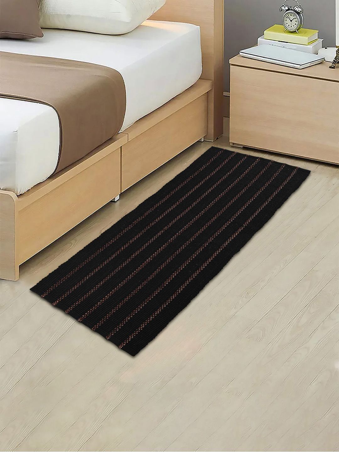 Aura Black & Brown Striped Pure Cotton Bed Runner