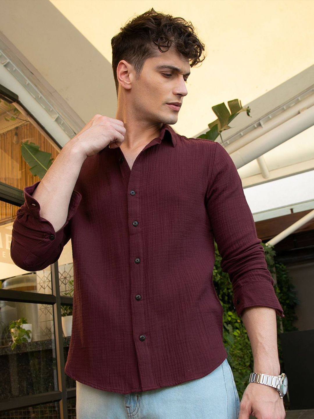 Campus Sutra Men Classic Fit Spread Collar Textured Cotton Casual Shirt-picture-38