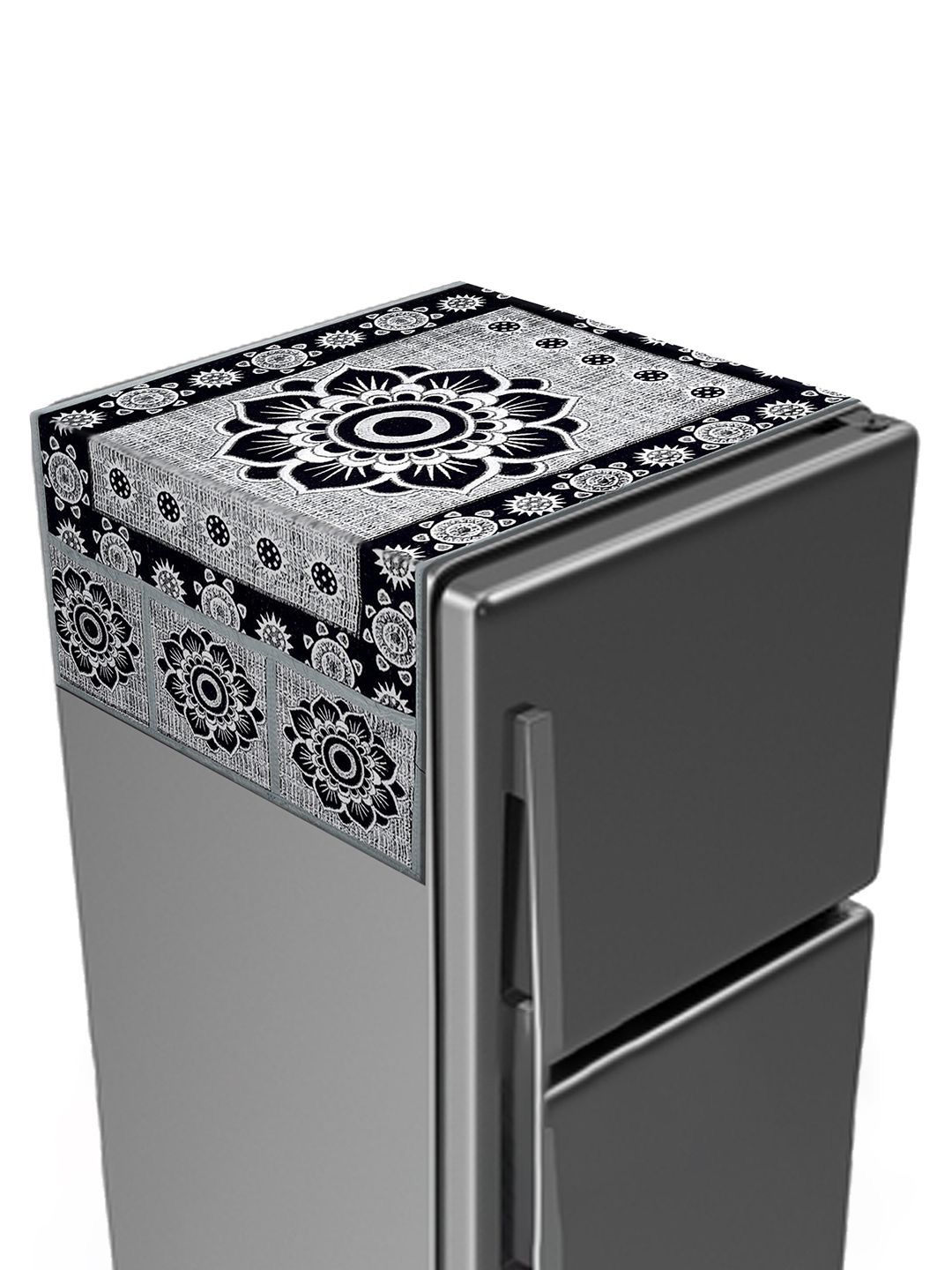 Kuber Industries Black Rangoli Print Cotton Fridge Top Cover With 6 Utility Side Pockets-picture-48