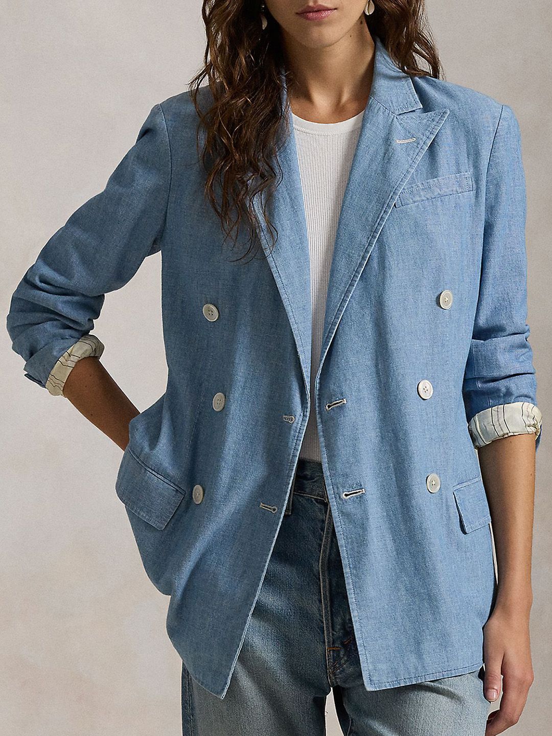Polo Ralph Lauren Pure Cotton Chambray Double-Breasted Cotton Blazer-image-7