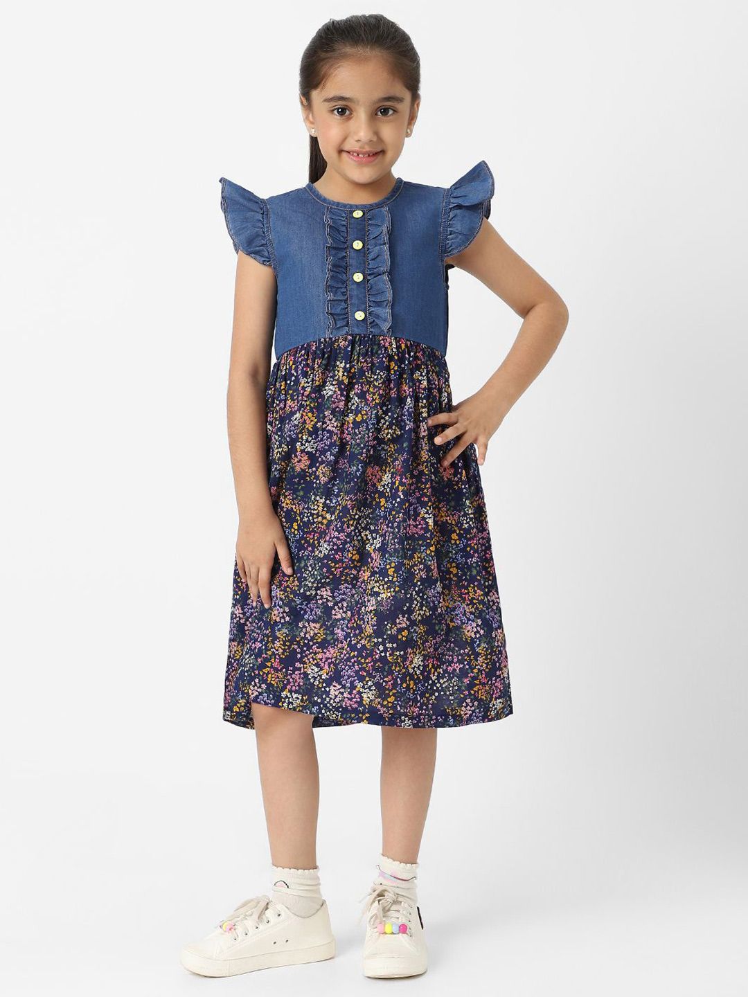 Nauti Nati Girls Denim Floral Printed Flutter Sleeves Dress-picture-27