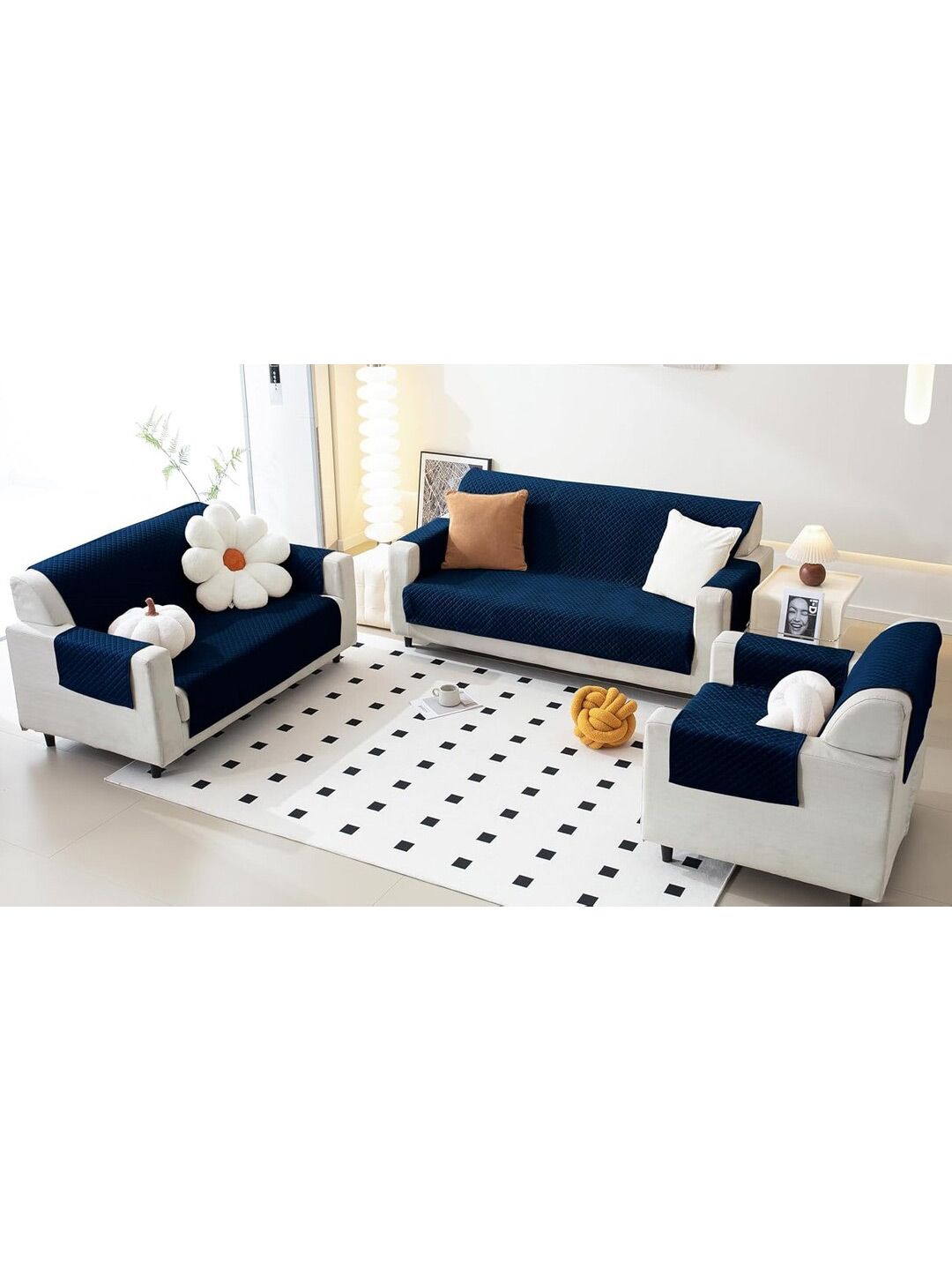 Fashion Throw Navy Blue Checked Velvet 3 Piece Sofa Cover With Arms-picture-19