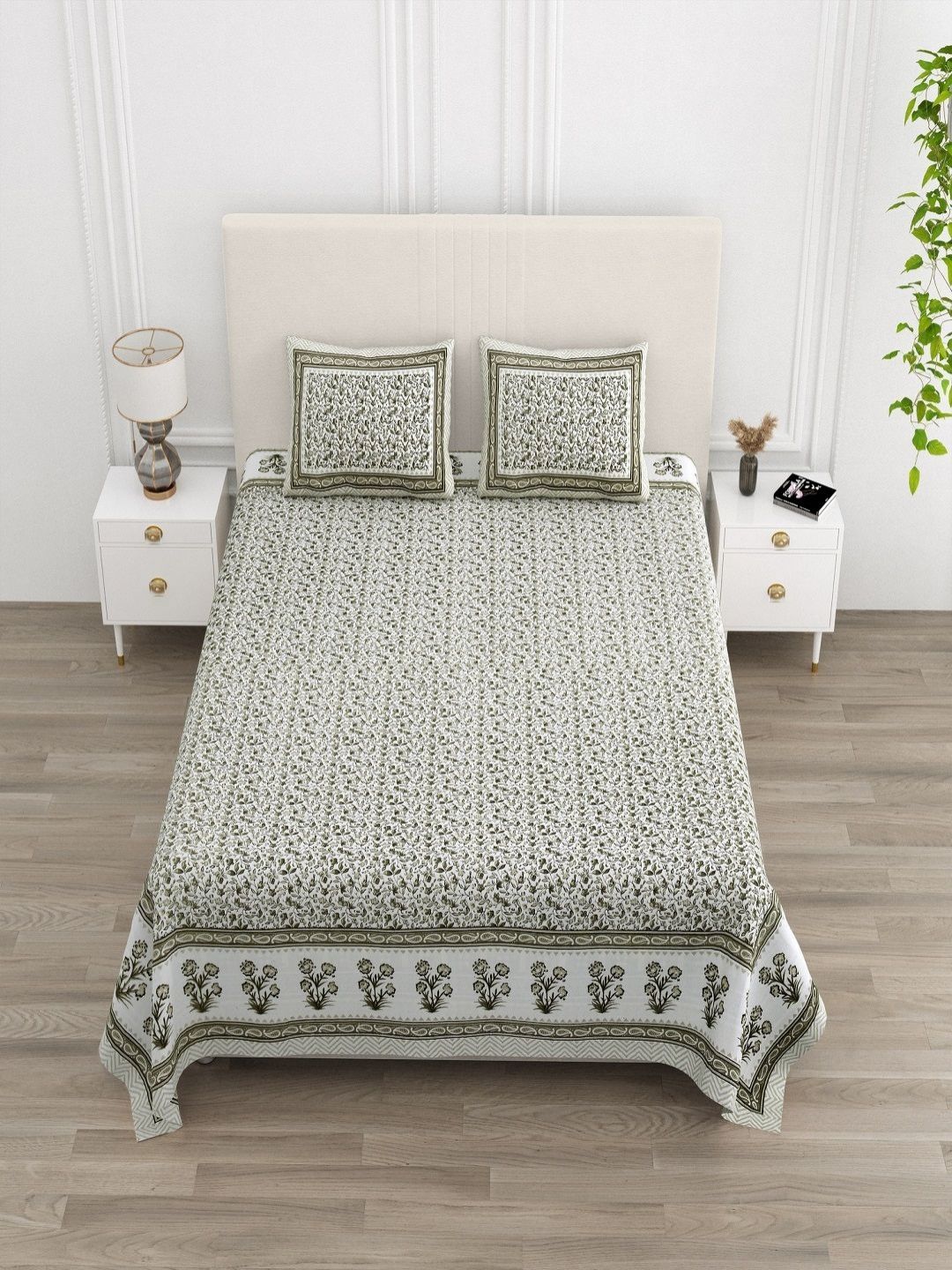 tundwal's White & Green Floral Printed Cotton 210 TC King Bedsheet Set 2.74 m x 2.28 m-picture-19