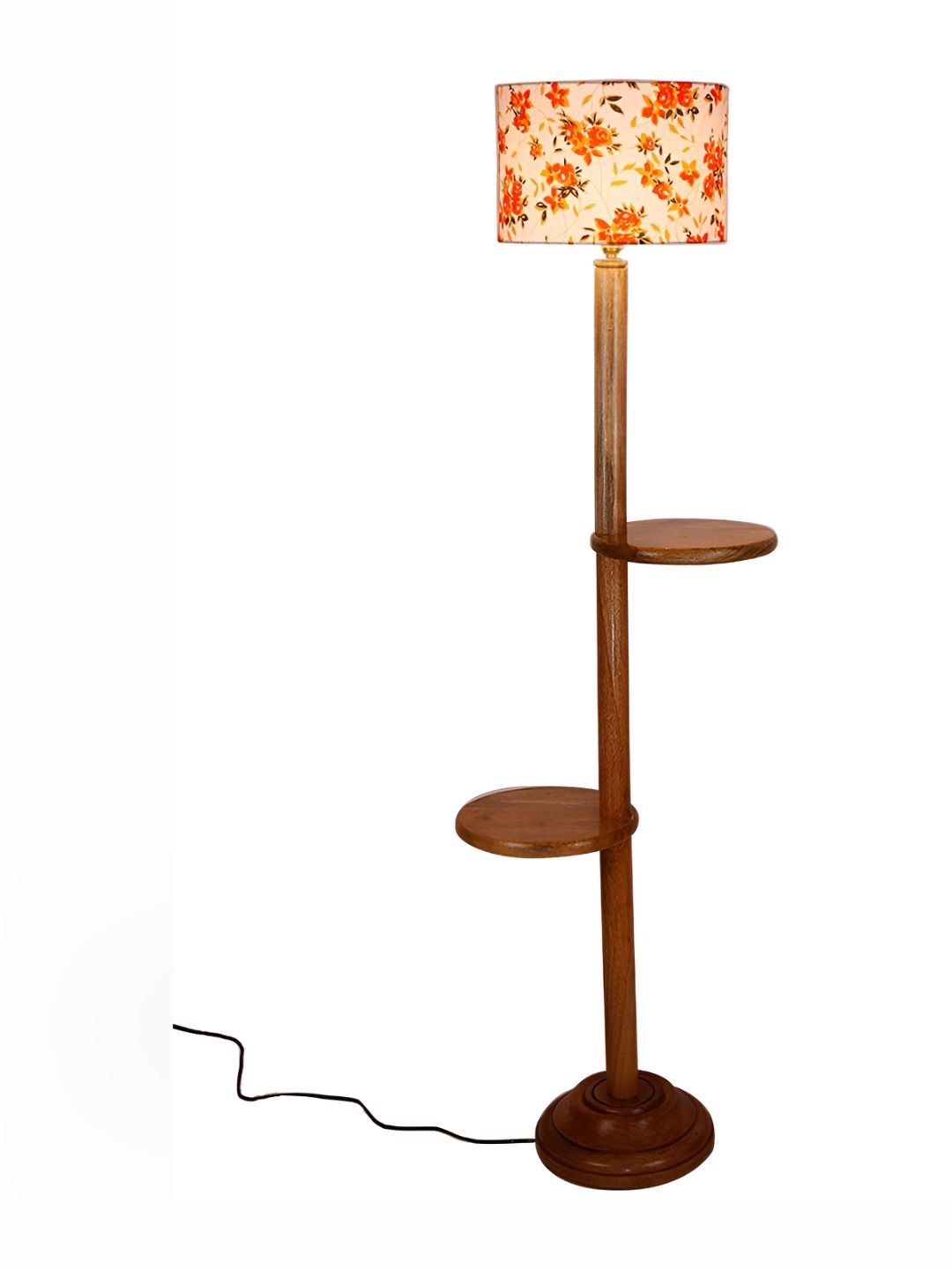 Devansh White & Brown Printed Drum Wooden Shelf Floor Lamp-picture-48