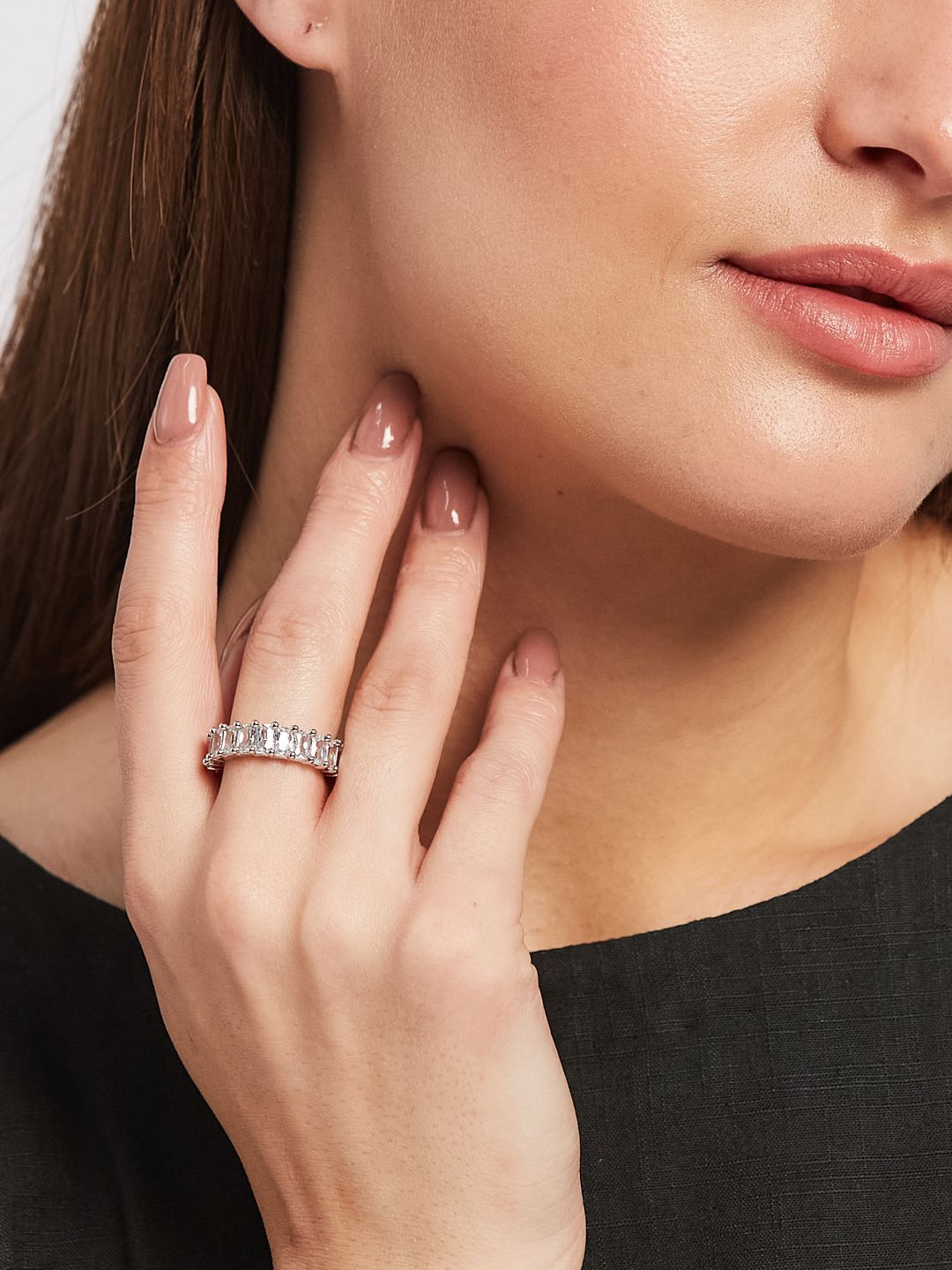 ATIBELLE Silver Plated Cubic Zirconia Studded Band Finger Ring