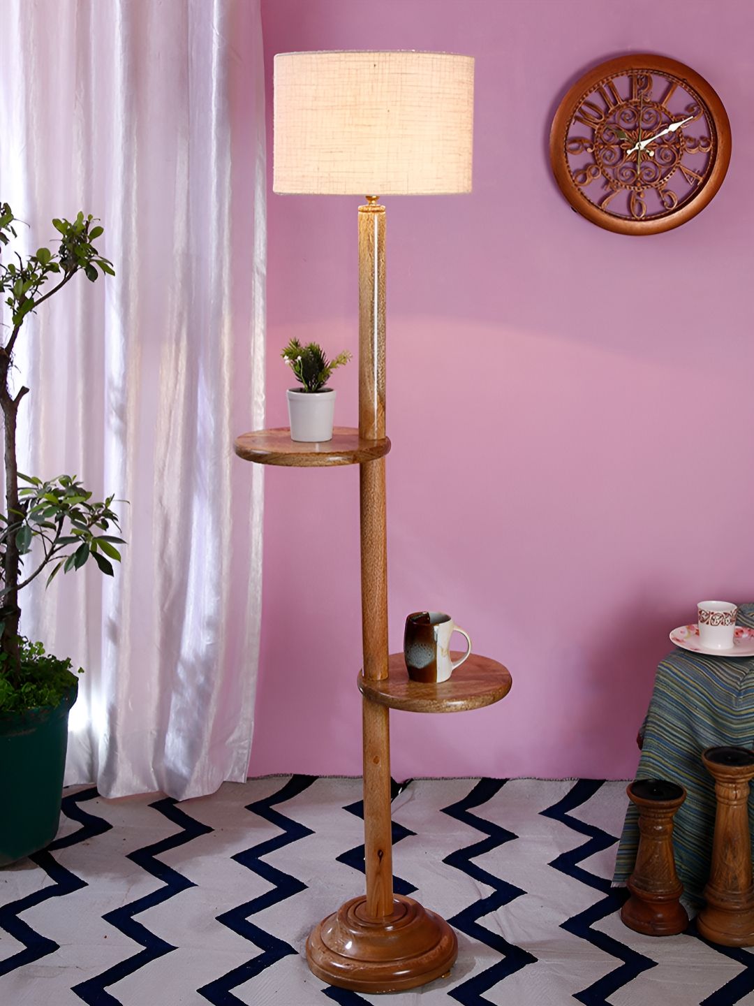 Devansh White Drum Wooden Shelf Floor Lamp-picture-47