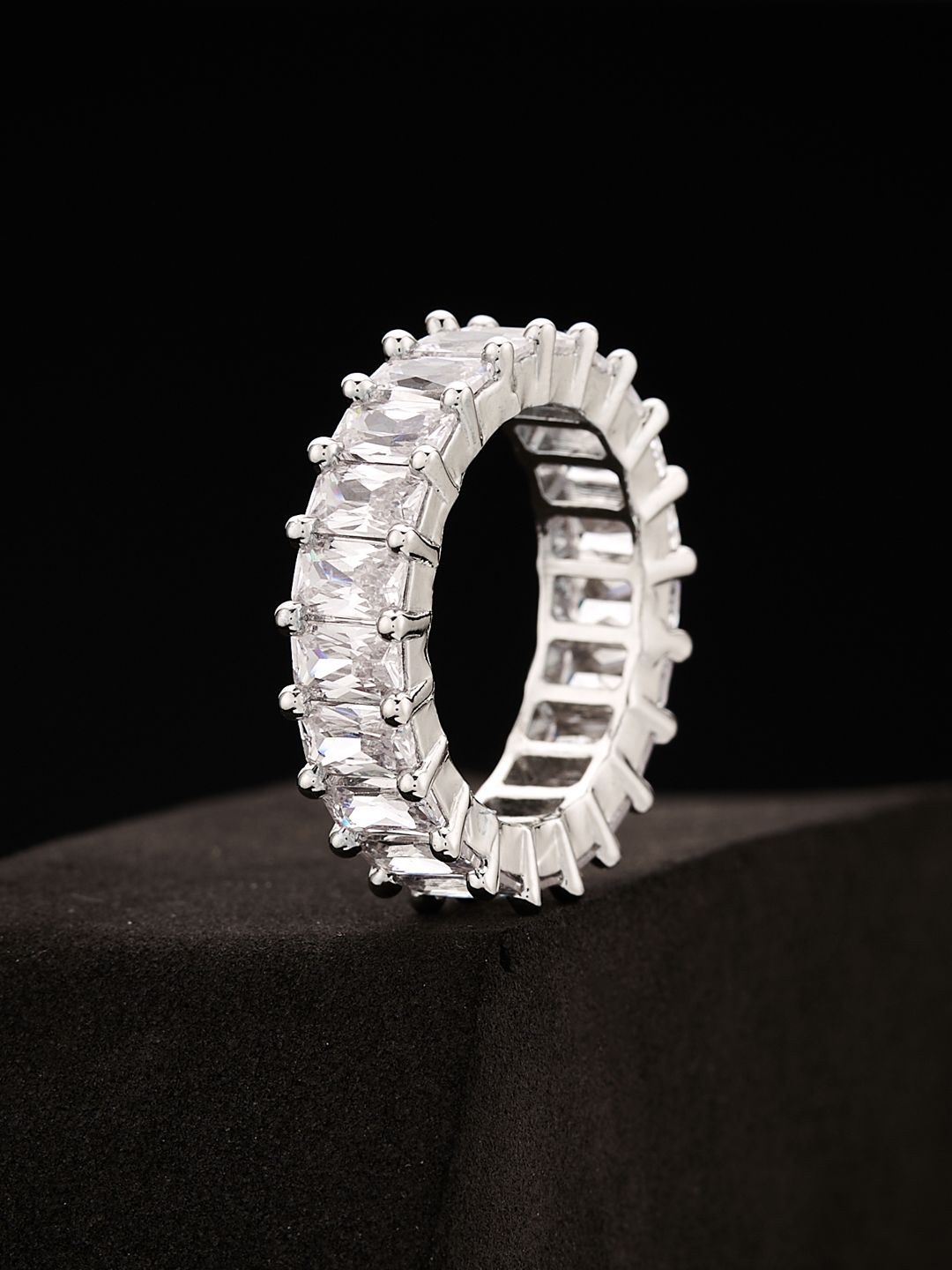 ATIBELLE Silver Plated Cubic Zirconia Studded Band Finger Ring