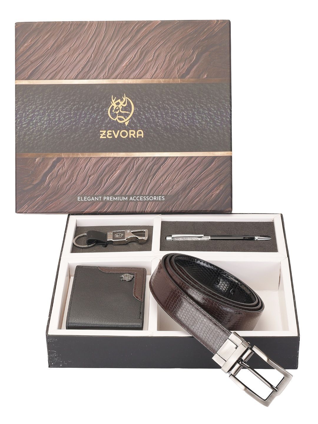 ZEVORA Men Reversiable Brown & Black Belt With Wallet, Keychain and Pen Gift Set-image-4