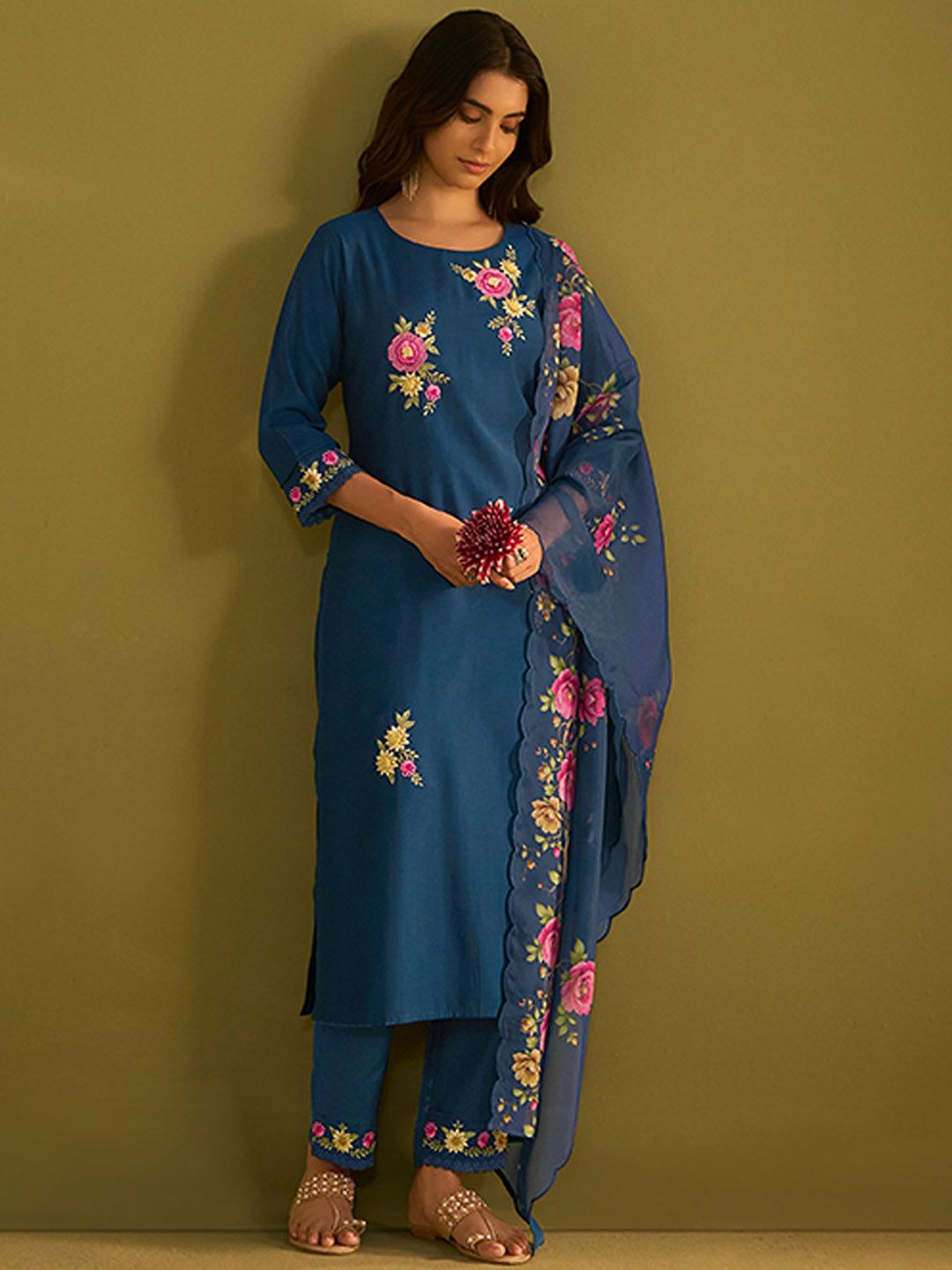 Indo Era Floral Embroidered Thread Work Straight Kurta with Trousers & Dupatta