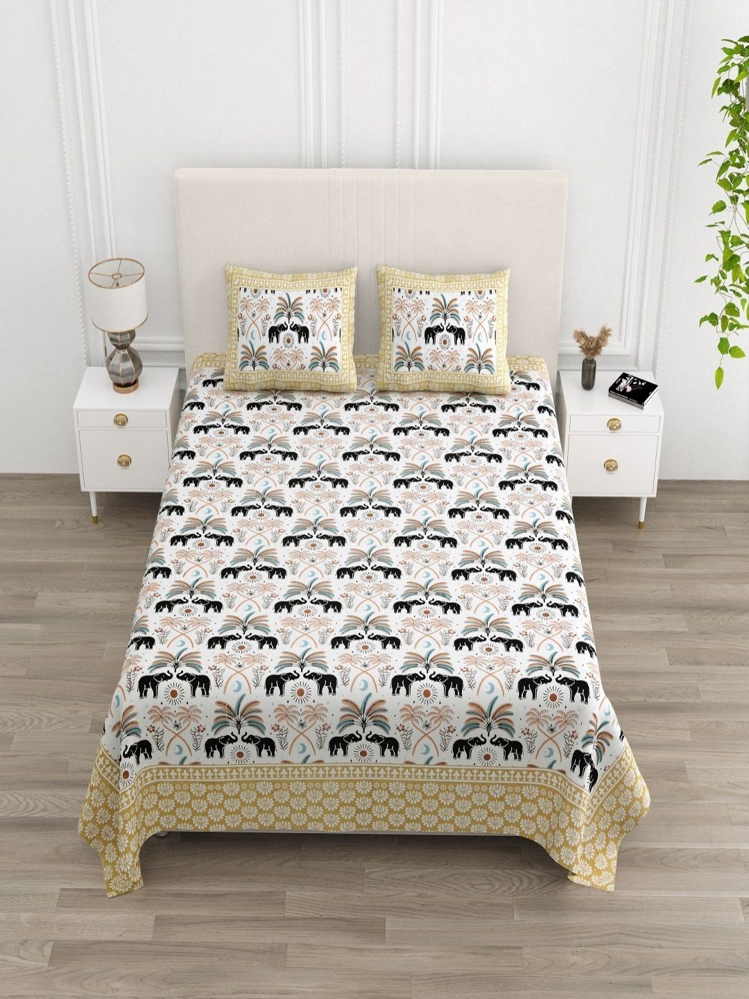 tundwal's White & Black Floral Printed Cotton 210 TC King Bedsheet Set 2.74 m x 2.28 m-picture-23