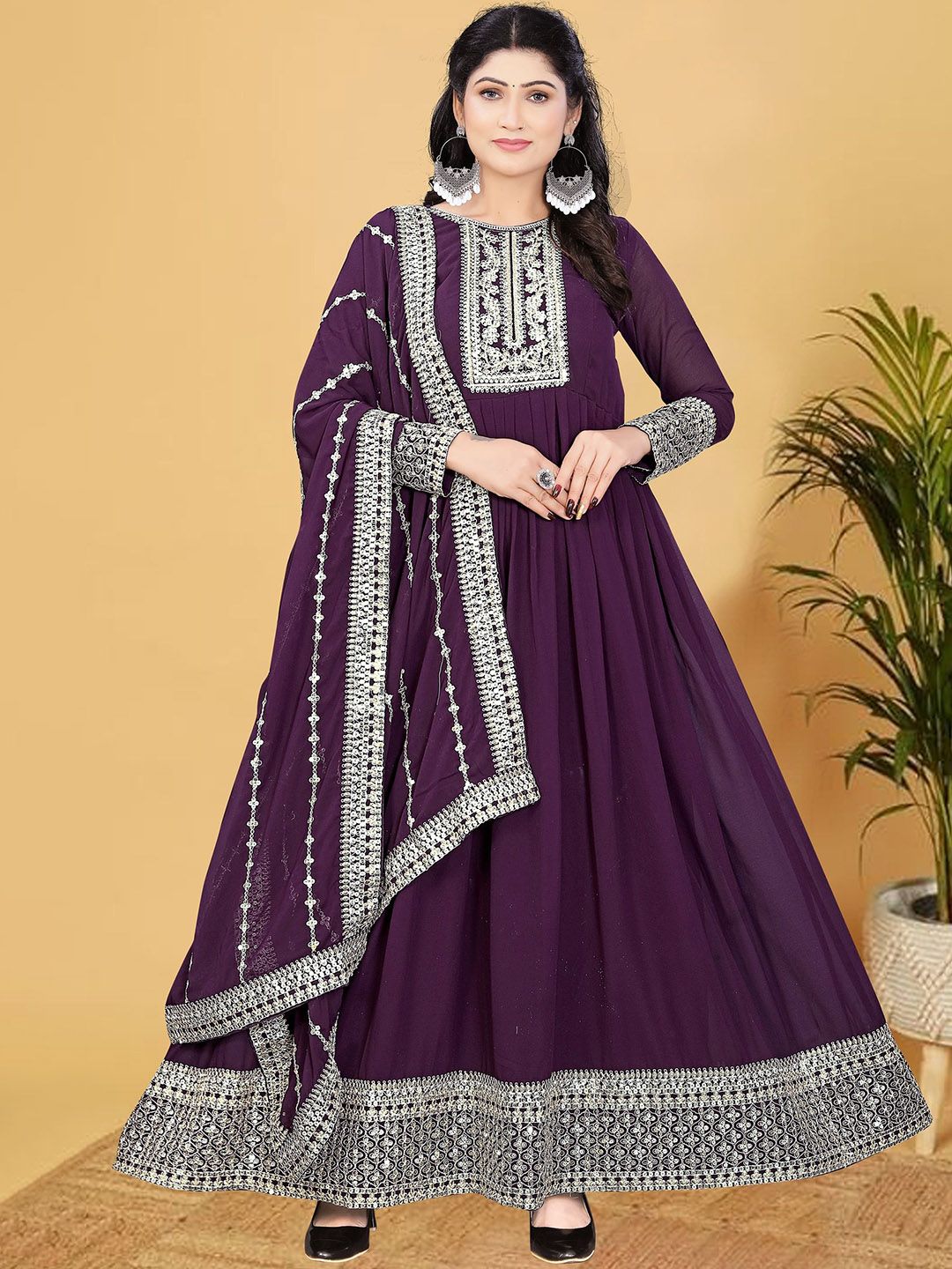 FILIB LONDON Embroidered Anarkali Georgette Kurta With Trousers And Dupatta