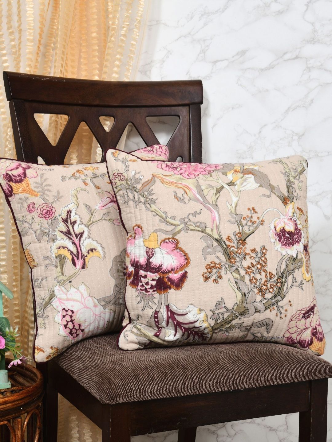 Urban Jaipur Cream-Coloured & Pink Set of 2 Floral Square Cushion Covers-image-16