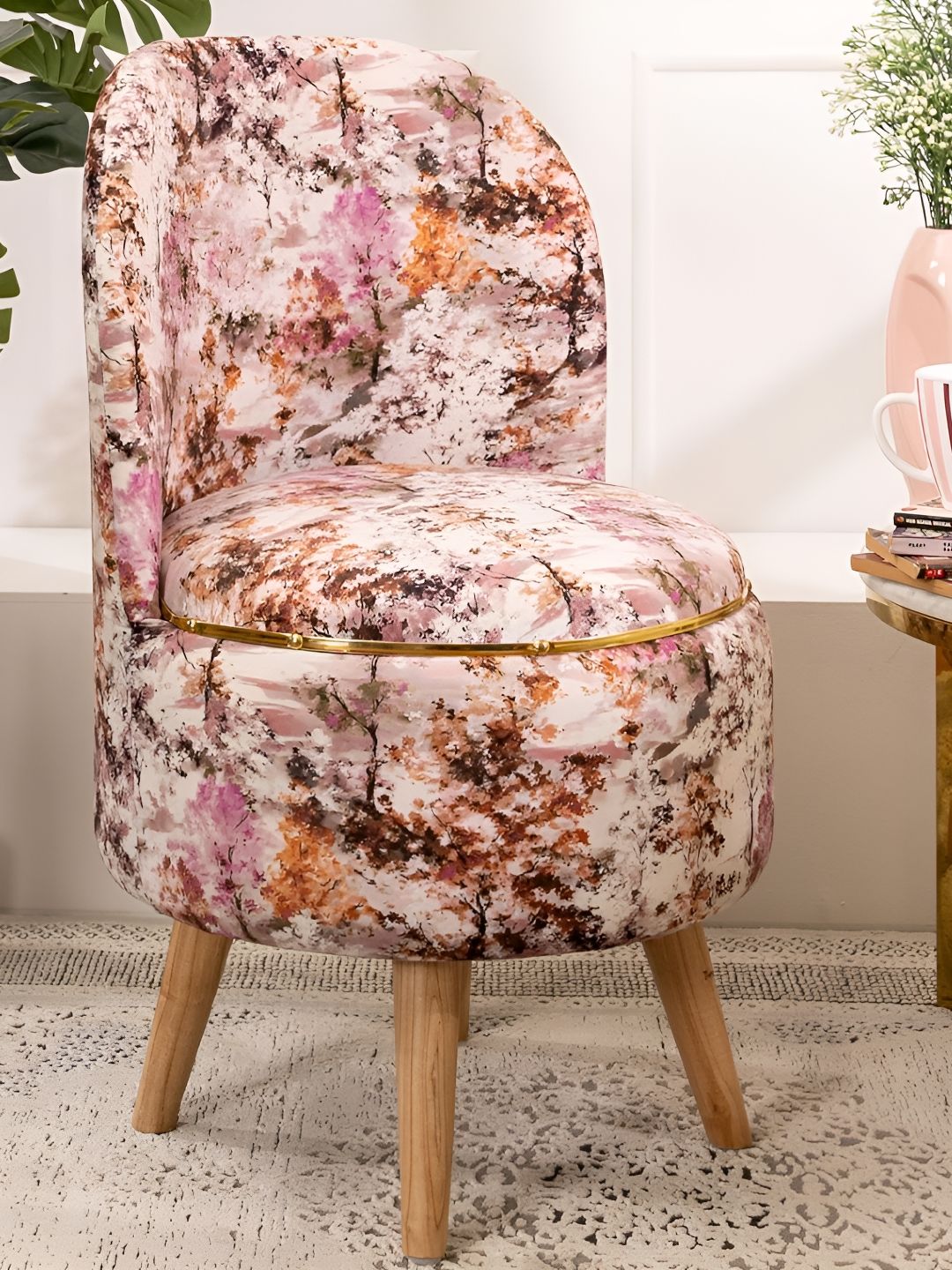 THREADVIBE LIVING Pink & Brown Printed Wooden & Velvet Round Ottoman-picture-45