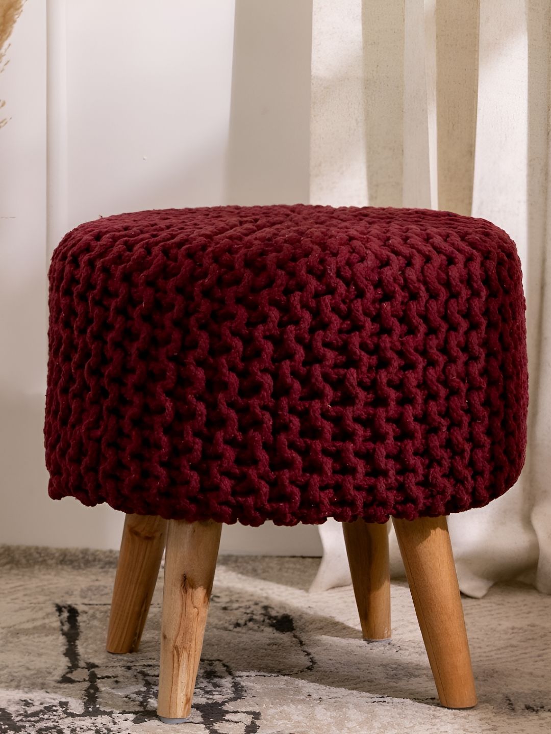 THREADVIBE LIVING Maroon & Brown Wooden & Velvet Round Ottoman-picture-20